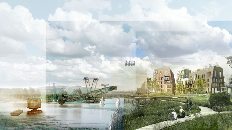 Collage Neubauten, Seenlandschaft und Föderkran